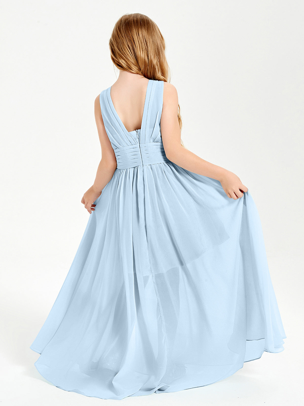 Long V-neck Junior Bridesmaid Dresses Sky Blue